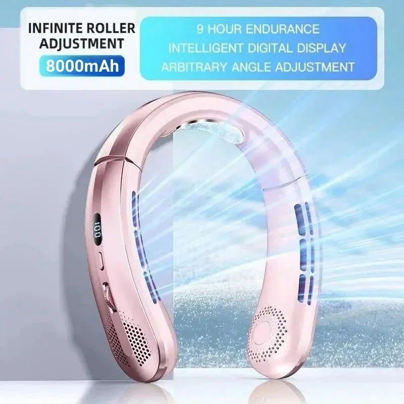 Mini New USB Hanging Neck Fan 8000mAh Rechargeable Bladeless Portable Mute LED Digital Display Electric Fans Air Cooler Peaceful Pleasures Health and Wellness Pink