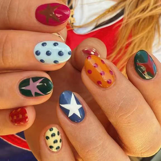 24pcs Colorful Star Dot Reusable Artificial Fingernails Wearable Short Oval Press On Nails Red White Almond False Nails Tips Peaceful Pleasures Health and Wellness A