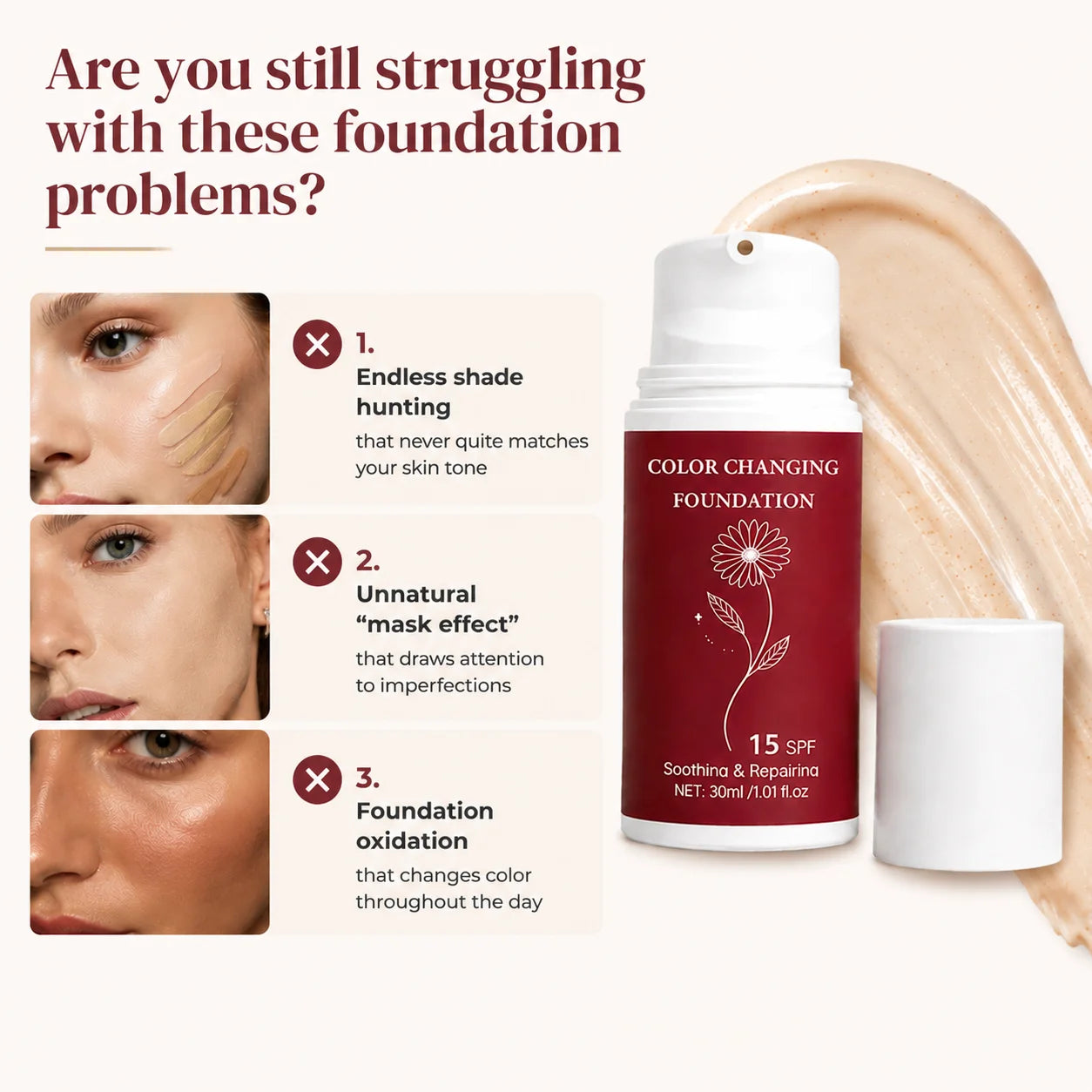 Color Changing Foundation, Brightens Skin Tone Cream for Women, with SPF 50, Deep Hydration, Medium to Full Coverage Cream, 30ML Peaceful Pleasures Health and Wellness