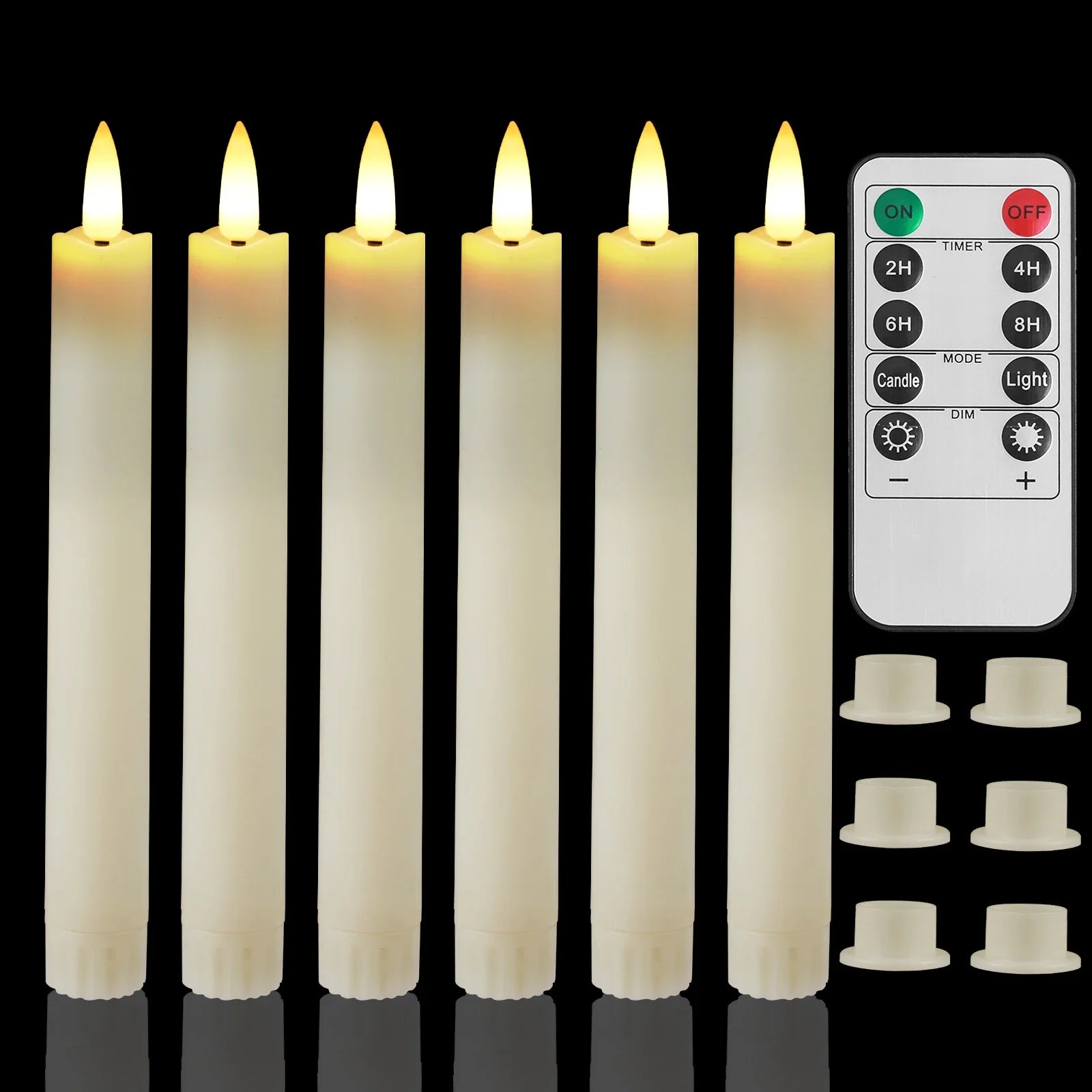 6Pc White/Ivory Flameless Taper Candles with Remote Timer Battery Operated Flickering LED Candle With Base for Indoor Home Decor Peaceful Pleasures Health and Wellness 6pc ivory 6pc