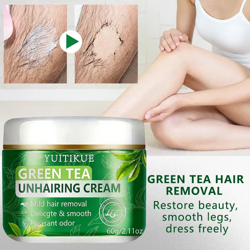 YUITIKUE Green Tea Depilatory Cream – Gentle Hair Removal 60g Hair Removal Cream Peaceful Pleasures Health and Wellness
