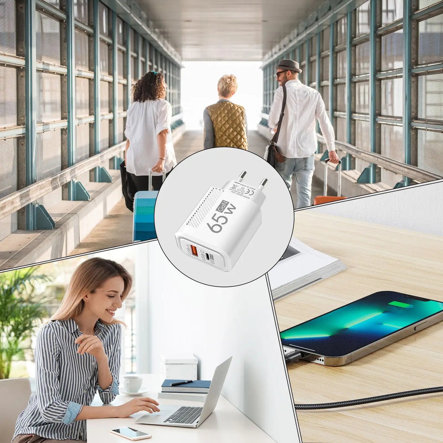 65W USB-C PD Fast Charger Adapter 3 Ports EU US Plug USB-C Fast Charger Peaceful Pleasures Health and Wellness