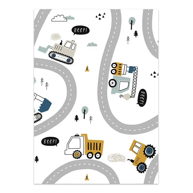 Cartoon Construction Vehicles Canvas Wall Art | Boys Nursery