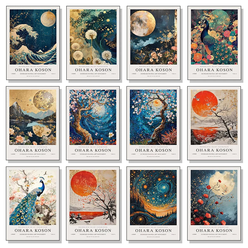 William Morris Whale & Peacock Retro Sunset Canvas Wall Art