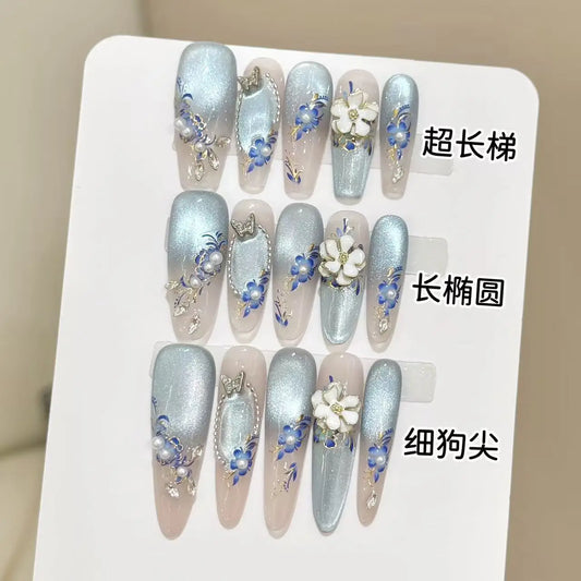 10pcs Chinese Style Press On Nails 3D Flowers Cat's Eye Blue Butterfly Press On Nails Peaceful Pleasures Health and Wellness