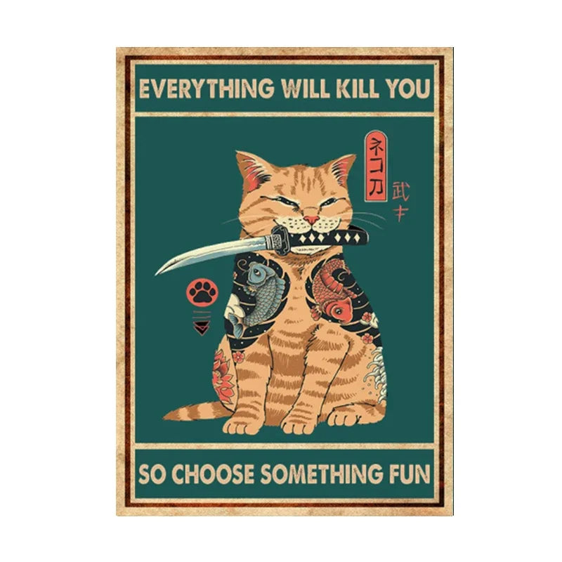 Funny Black Cat Coffee Canvas Wall Art | Retro Cat Poster