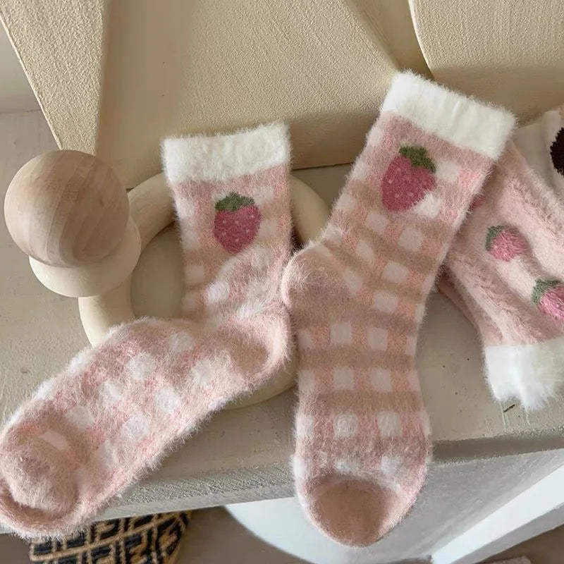 Rabbit Velvet Socks Children's Autumn and Winter Thick Warm Socks Floor Socks Plush Soft Breathable Pink Strawberry Girl Socks Peaceful Pleasures Health and Wellness