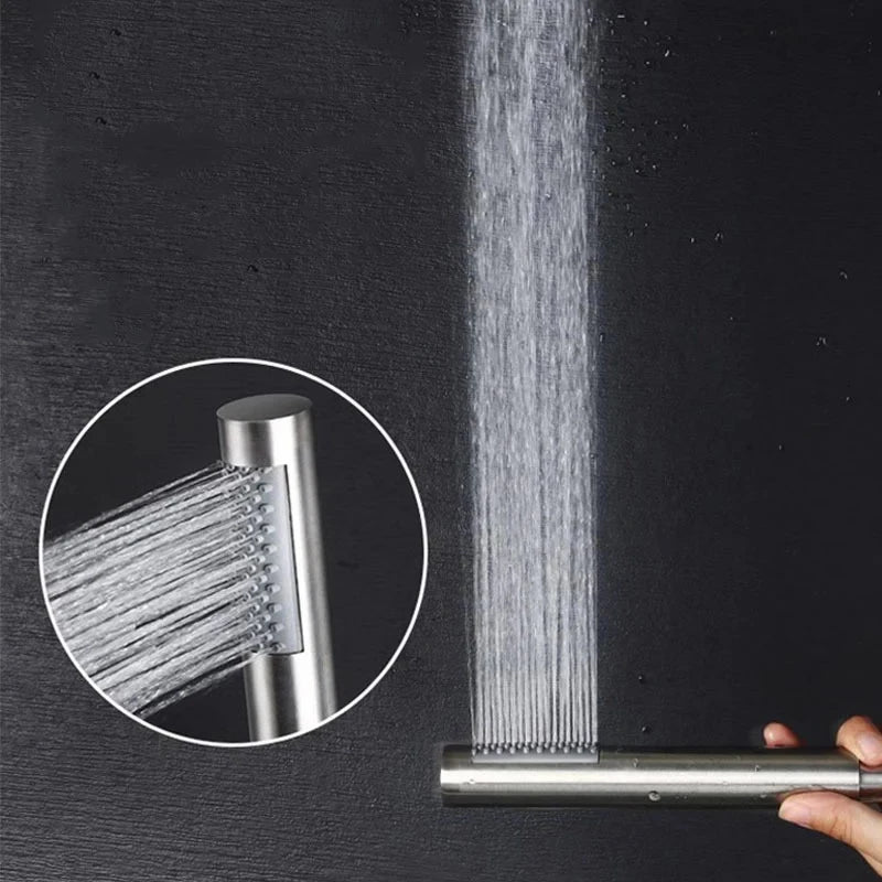 Stainless Steel Cylindrical Handheld Booster Shower Head Hotel Home Bathroom Universal Shower Head Set Peaceful Pleasures Health and Wellness