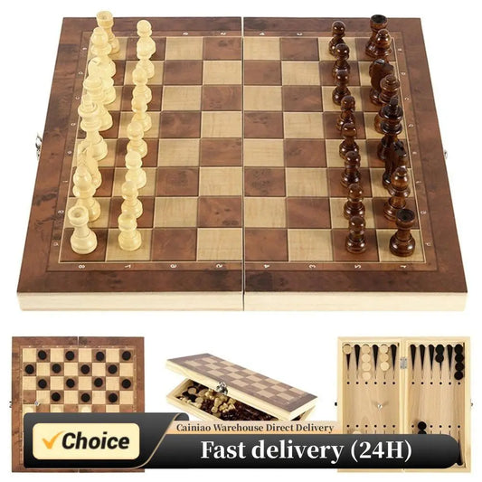 3 in 1 Chess Board Sets Folding Storage Wooden Travel Chess Sets Chess and Checkers Game Set for Chess Board Game Peaceful Pleasures Health and Wellness