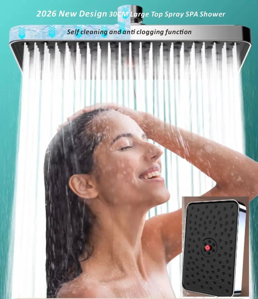 30cm Rainfall Shower Head – High Pressure, 360° Rotation & Self-Clean