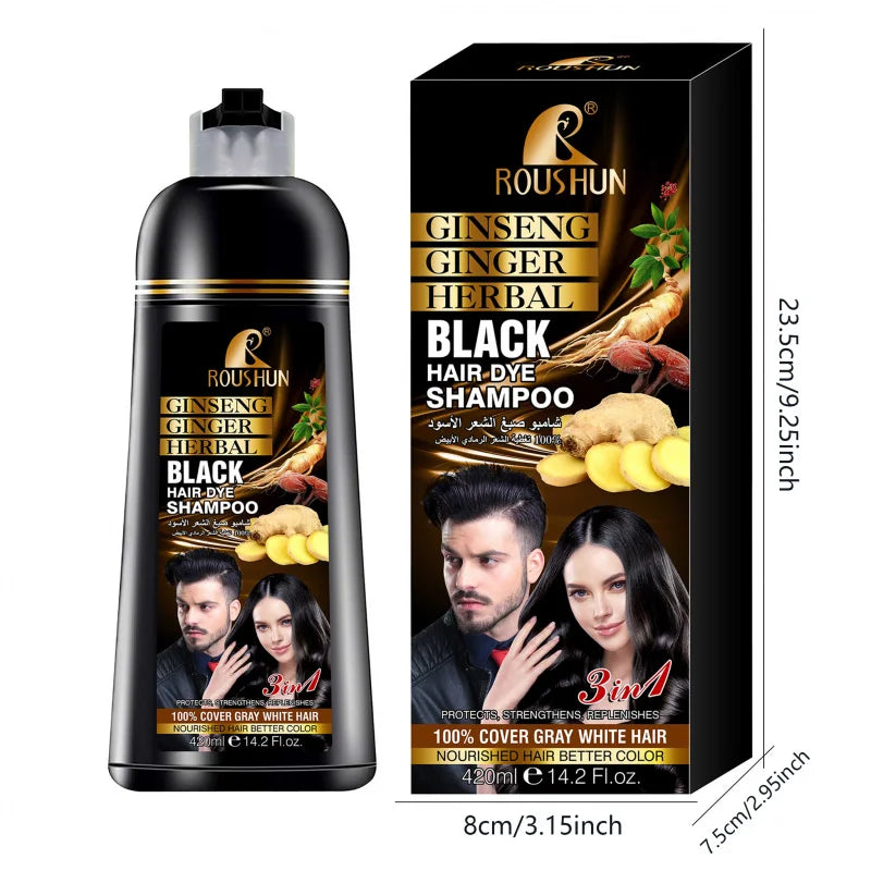 420ml ROUSHUN Black Hair Shampoo Hair Dye Ginseng Ginger Black Hair Colorant Nourishing Hair Care Cleanser 3-in-1 Peaceful Pleasures Health and Wellness