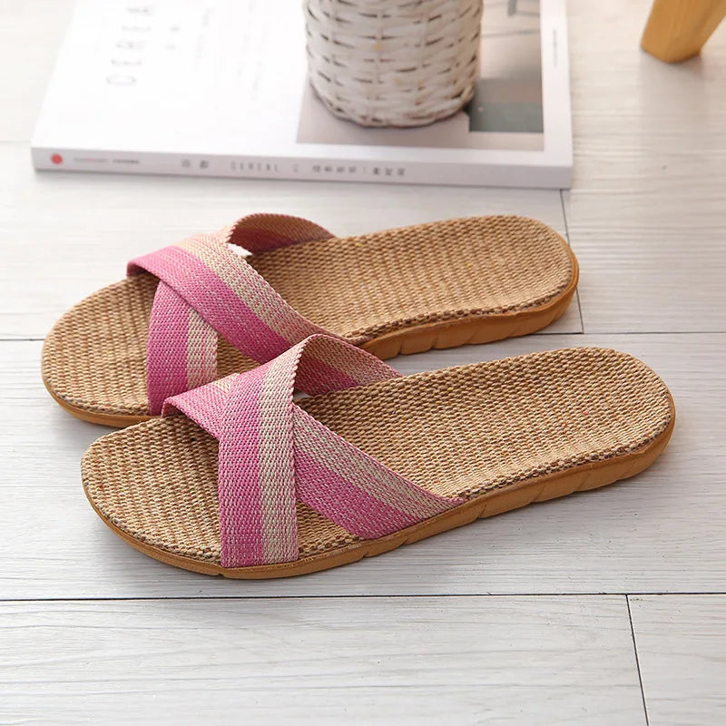 Women's Linen Flat Slippers – Lightweight Open Toe Indoor Slides
