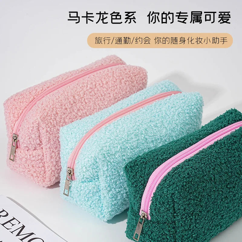 2026 Cute Zipper Plush Large Solid Color Cosmetic Bag Makeup Bag for Women Travel Make Up Toiletry Bag Washing Pouch Pen Pouch Peaceful Pleasures Health and Wellness