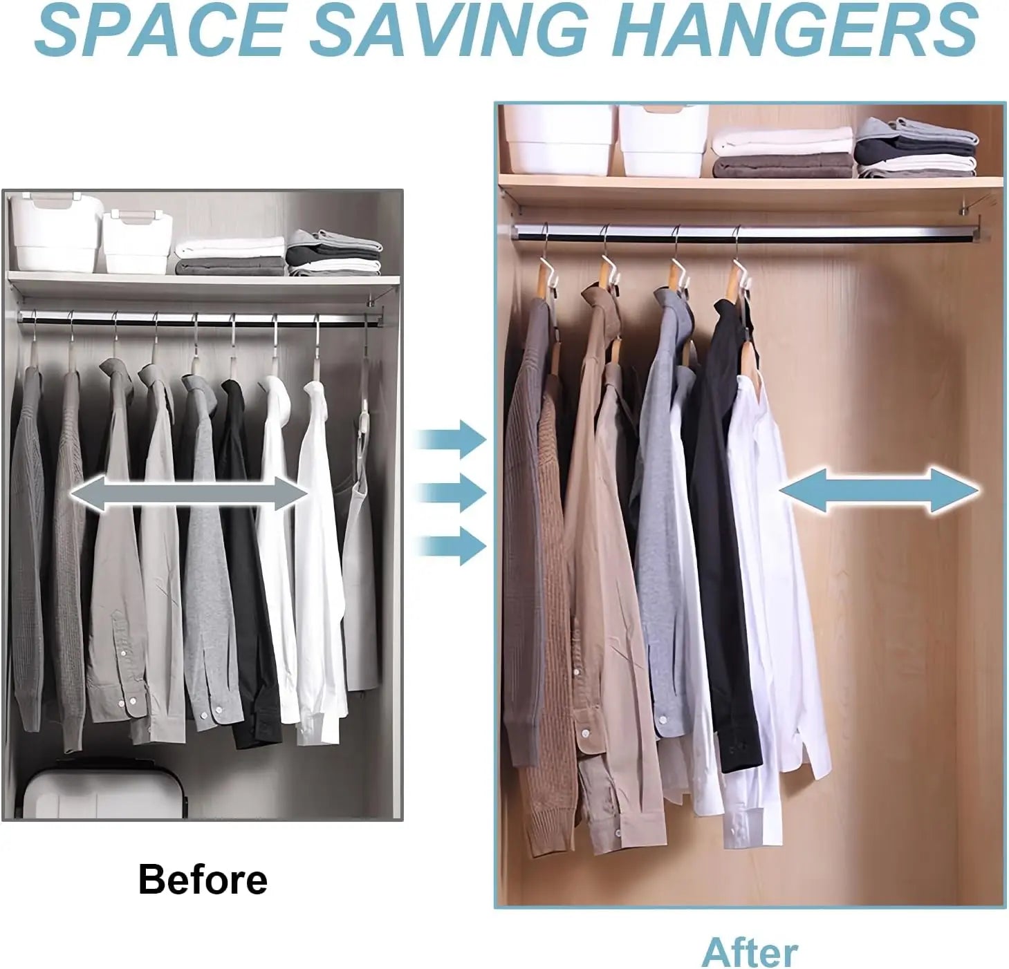 Space-saving hangers comparison showing clothes taking up less space before and after using the hangers.
