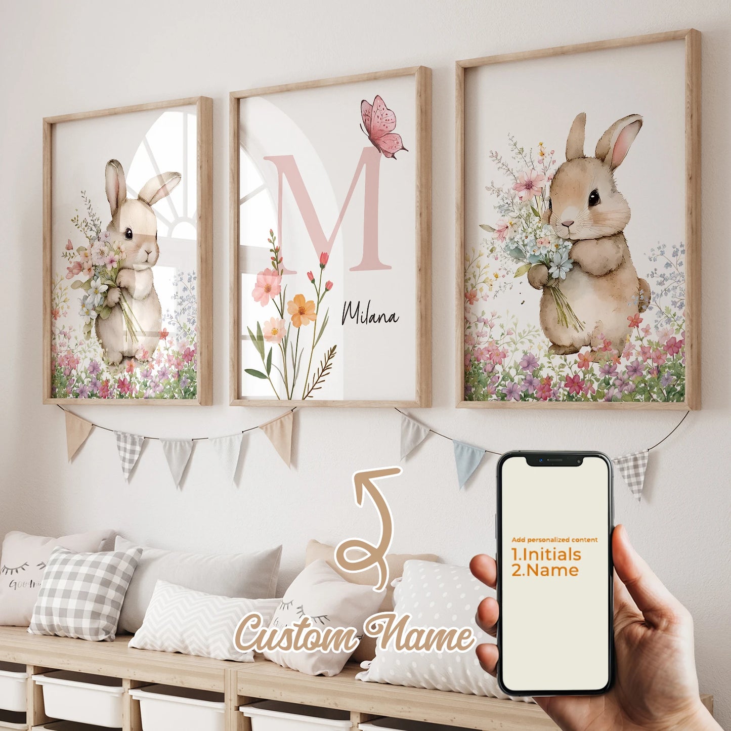 Personalized Butterfly Rabbit 3-Piece Canvas Wall Art | Kids Room