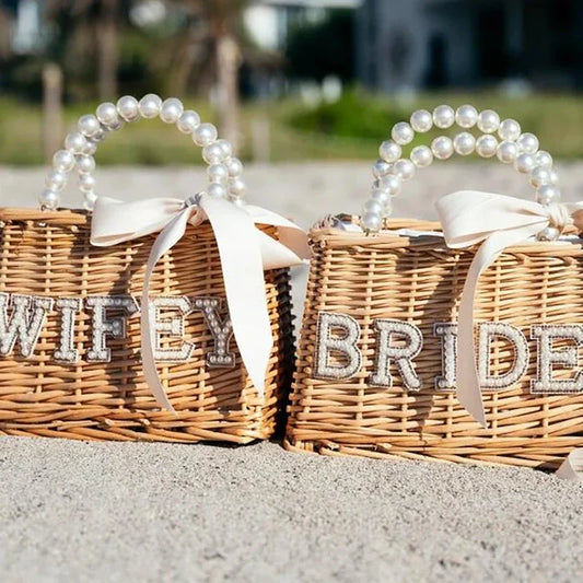 Bride Mrs Wifey Straw Bag | Boho Bridal Bachelorette Beach Gift Bridal Straw Tote Bag Peaceful Pleasures Health and Wellness