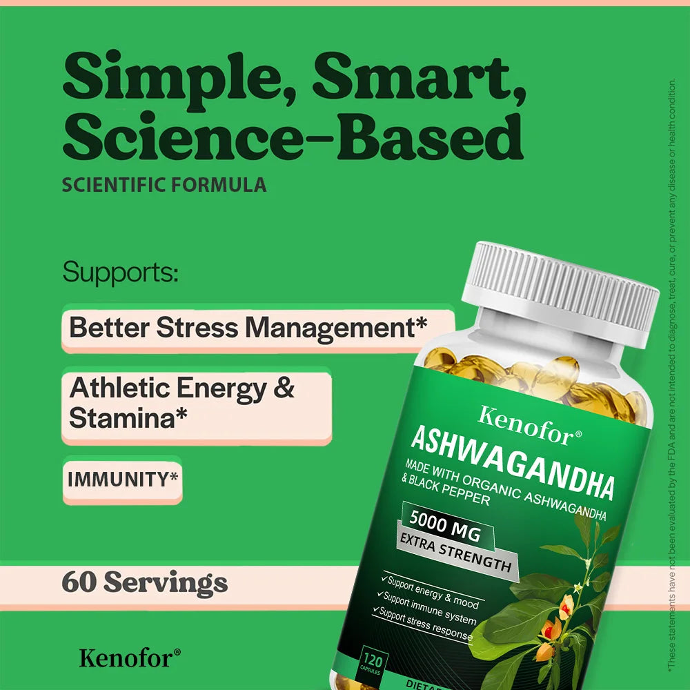 Pure Ashwagandha Root Extract Capsules 5000mg for Natural Mood, Stress, Focus, Brain, Energy , Sleep Health Peaceful Pleasures Health and Wellness