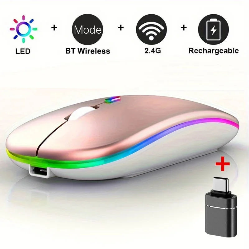 LED Bluetooth-compatible Wireless Mouse 2.4GHz Slim Rechargeable Silent Mice RGB Ergonomic Gaming mouse for Computer Laptop PC Peaceful Pleasures Health and Wellness Rose with OTG
