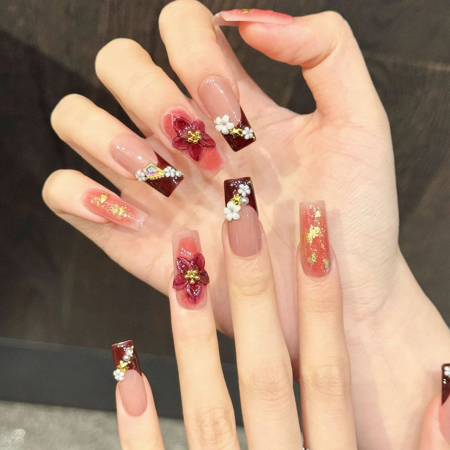 Wine Red French Press On Nails | 3D Sakura & Gold Foil – 10pc