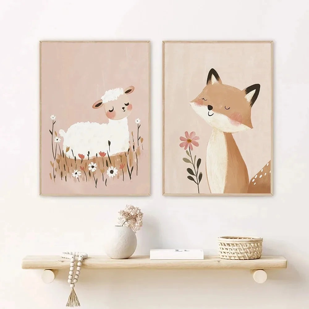 Nordic Pink Fox & Unicorn Canvas Wall Art | Cute Cartoon Print