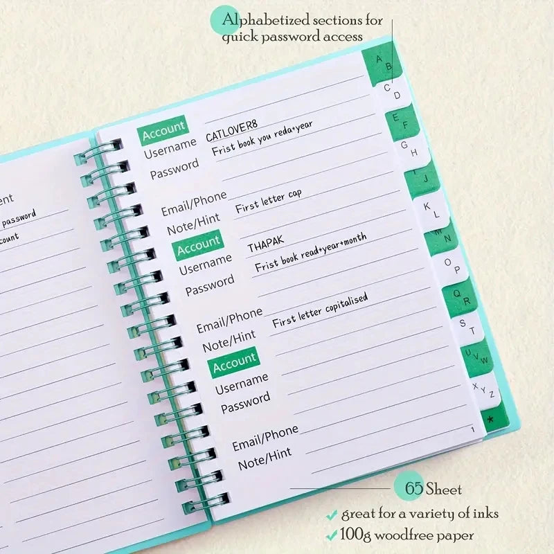 A6 Password Log Book Alphabetical Tabs Spiral Bound Organizer Home