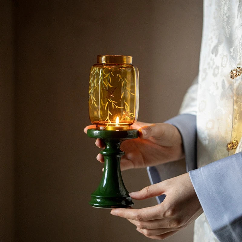 Emerald Glass Candlestick Holder | Chinese Tea Ceremony Decor Glass Candlestick Holder Peaceful Pleasures Health and Wellness