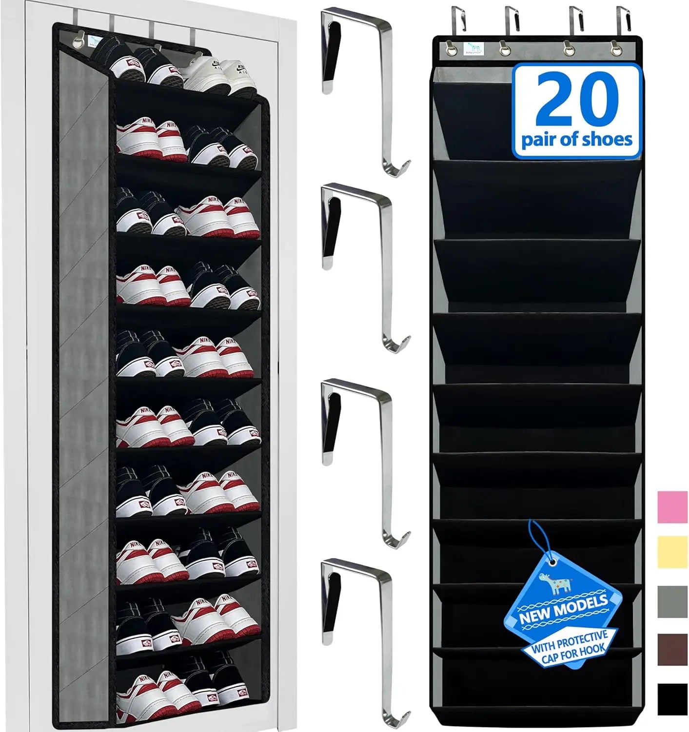 Shoe rack with multiple pairs of shoes on a white background