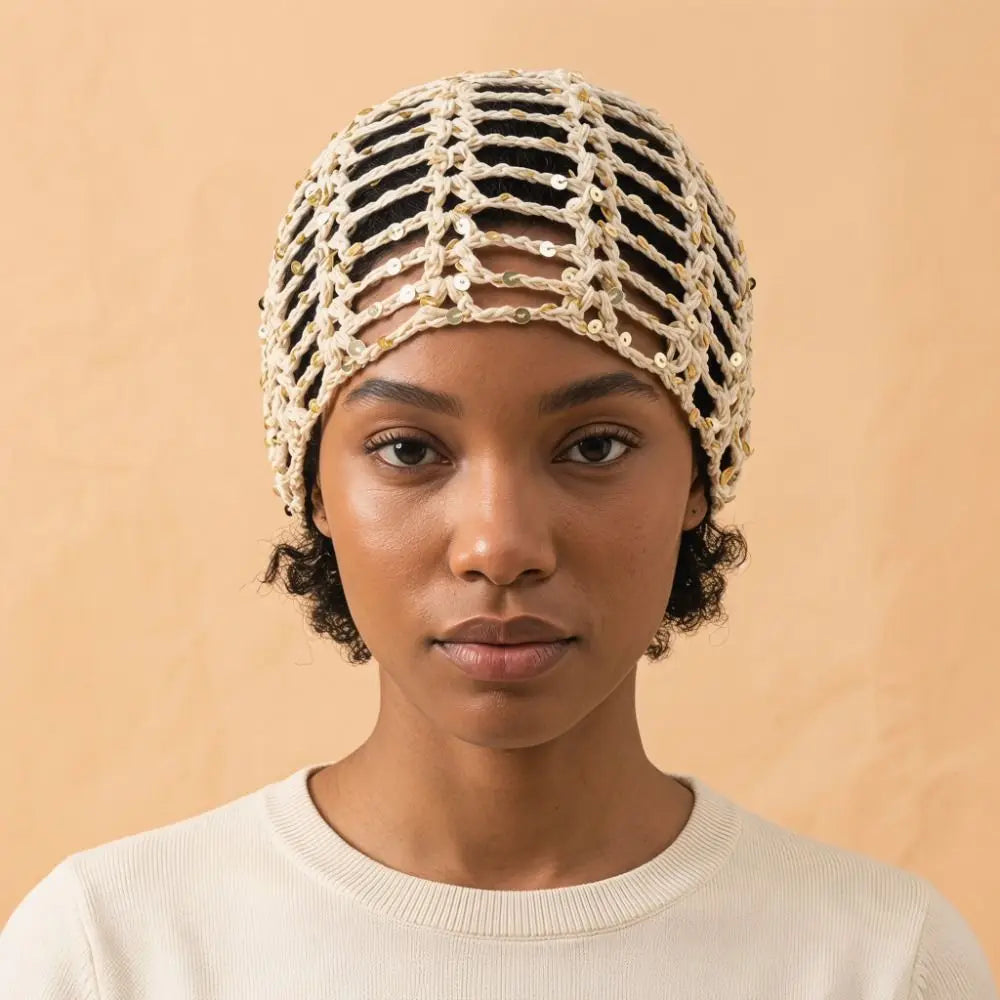Bohemian Crochet Sequin Knit Beanie Hat | Spring Summer Crochet Knit Beanie Peaceful Pleasures Health and Wellness