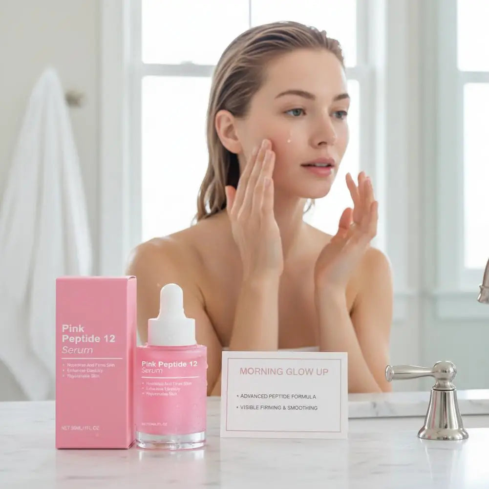 Pink Peptide 12 Glow Facial Serum Firming Brightening Hydrating Enhance Elasticity Rejuvenating Soothing Tightening Facial Serum Peaceful Pleasures Health and Wellness