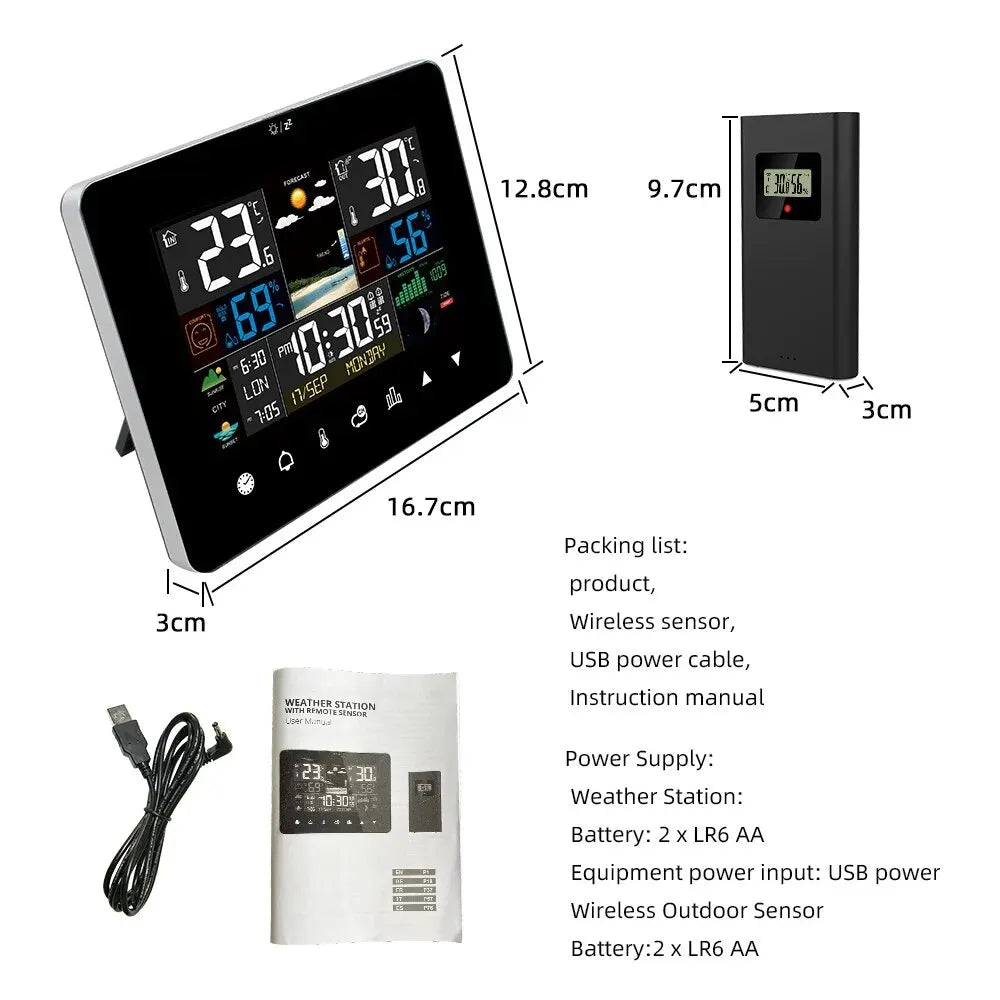 Multifunction Weather Station Alarm Clock Thermometer Hygrometer Touch Screen Wireless Sensor Sunrise Sunset Hygrothermograph Peaceful Pleasures Health and Wellness