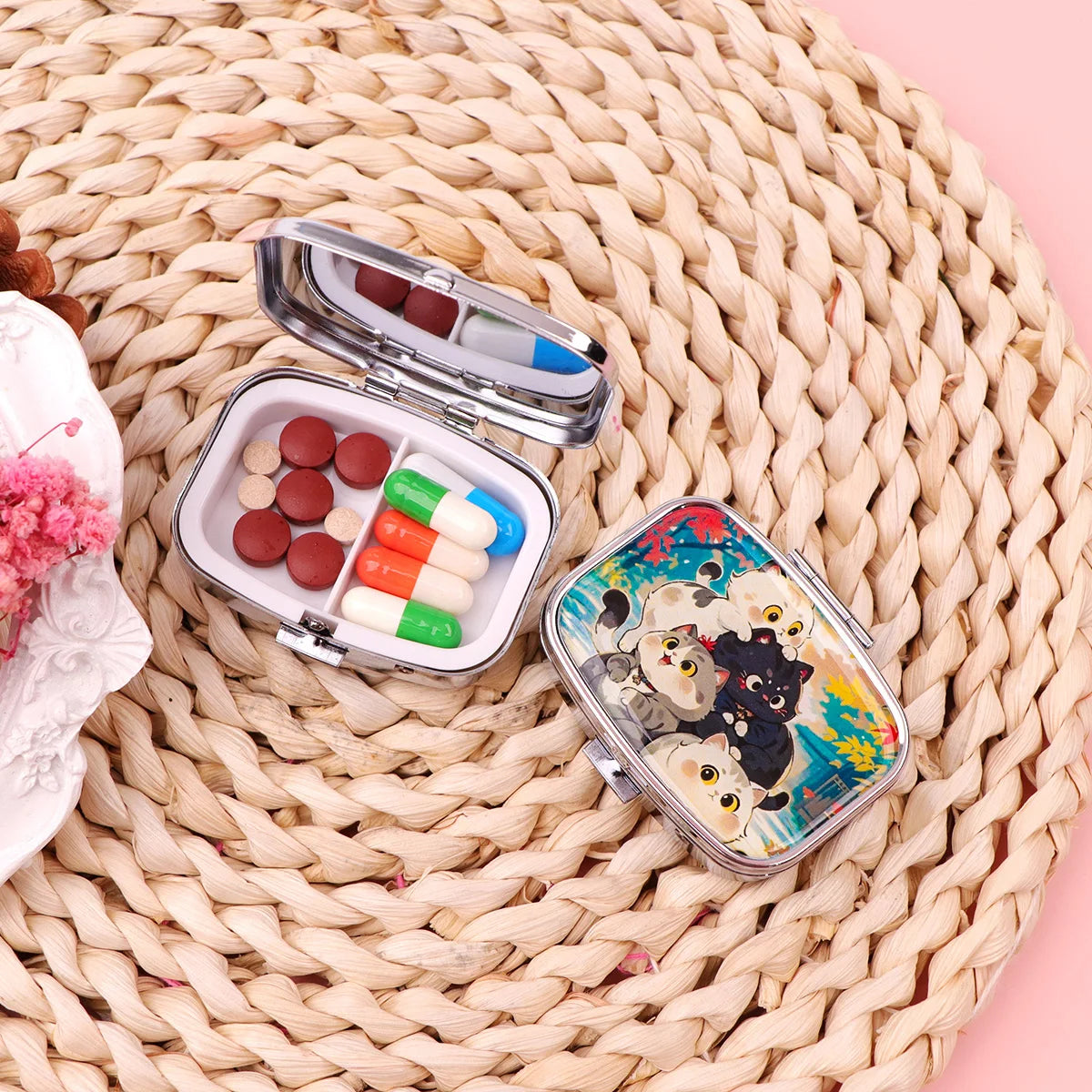 Black Cat Pill Boxes Cartoon Animal Sealed Subpackage Case Portable Travel Jewelry Box Mini Organizer Storage Medicine Case Peaceful Pleasures Health and Wellness