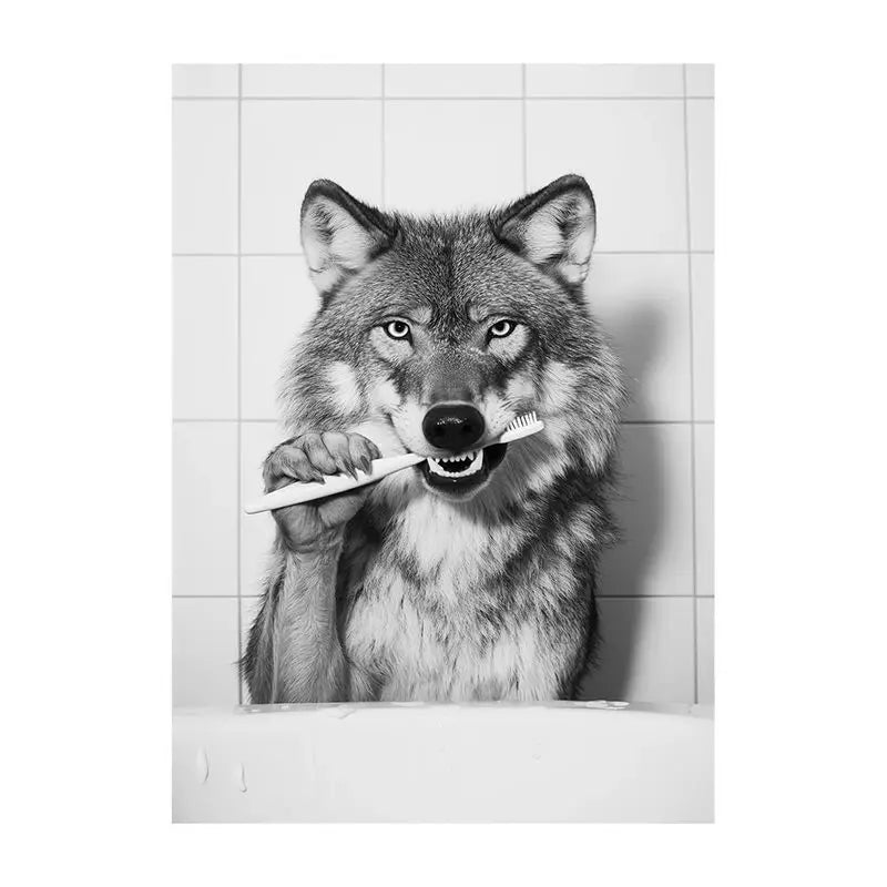 Funny Bathroom Animal Canvas Wall Art | Vintage Brushing Teeth