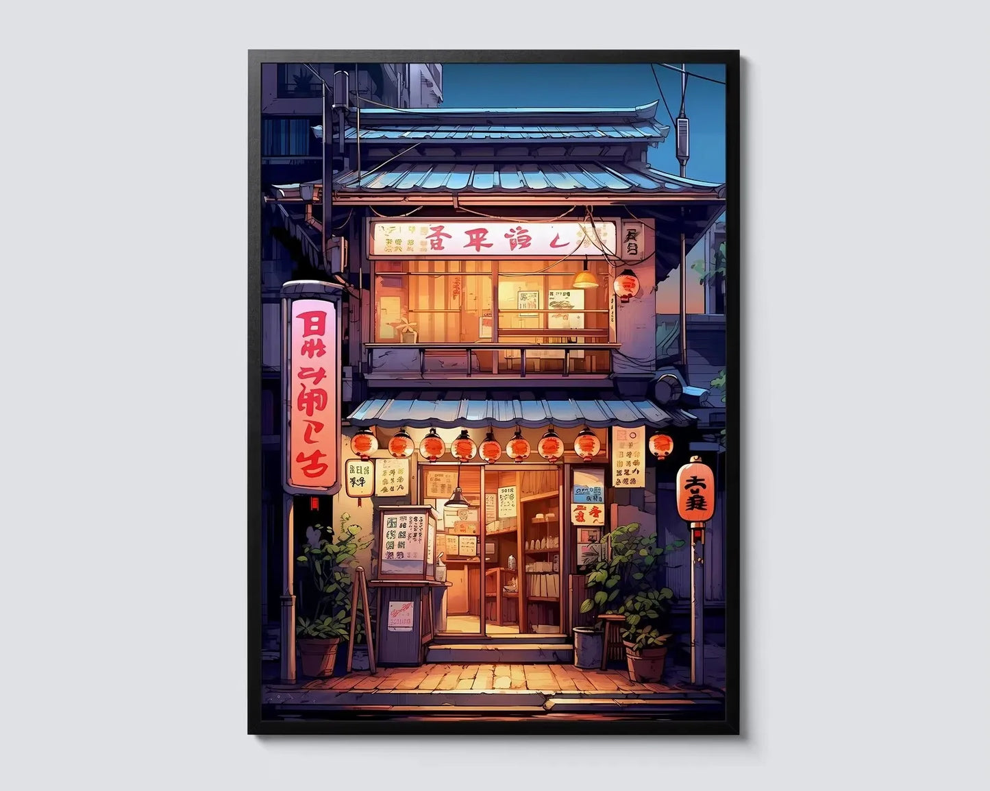 Anime Ramen Shop Gourmet Illustration Canvas Print City Street Scene Wall Poster for Modern Living Room Kitchen Home Decor Gifts Peaceful Pleasures Health and Wellness CT738- 40x60cm Unframed