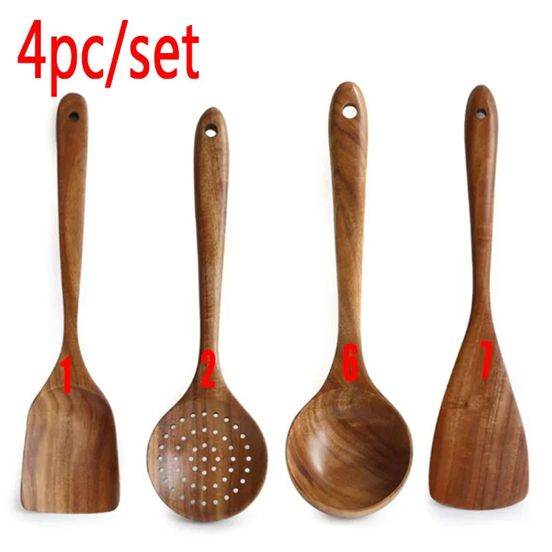 7pcs/set Teak Natural Wood Tableware Spoon Ladle Turner Rice Colander Soup Skimmer Cooking Spoon Scoop Kitchen Reusable Tool Kit Peaceful Pleasures Health and Wellness 4pc