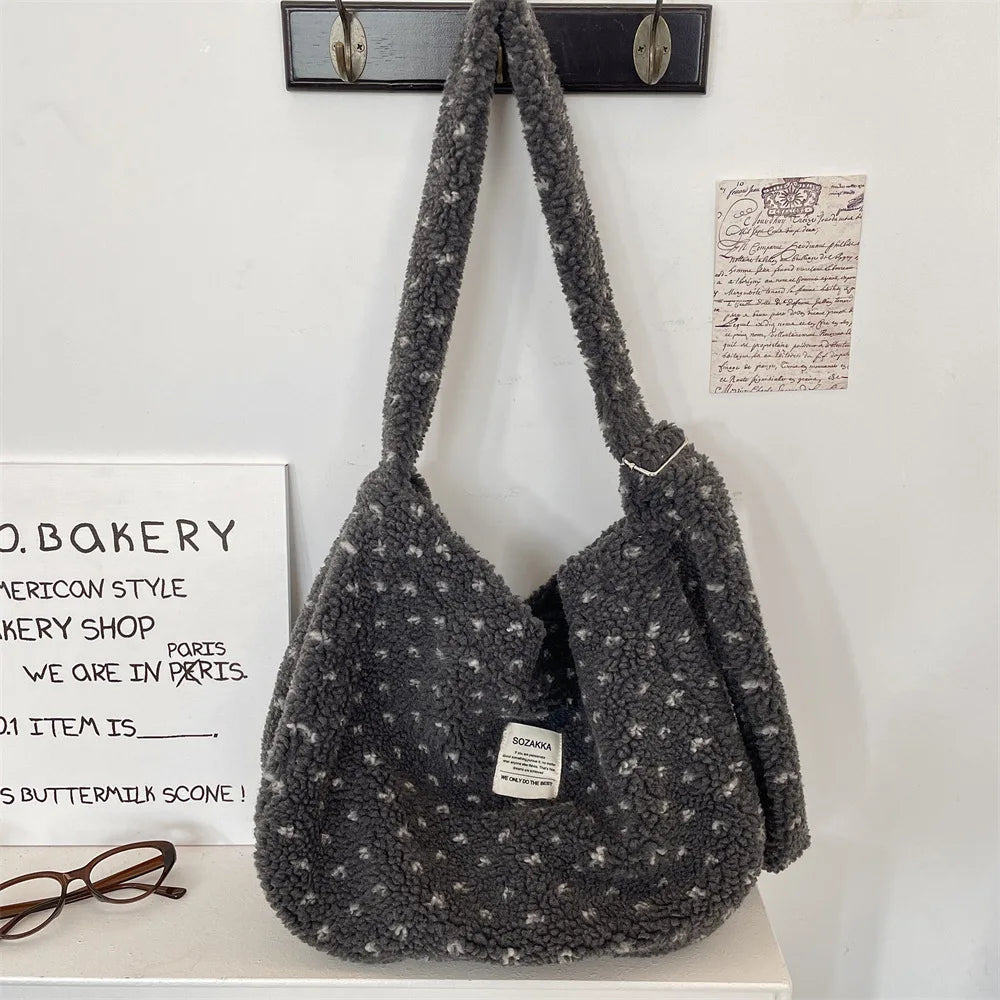 Autumn Winter Plush Heart Crossbody Bag Large Capacity Canvas Shoulder Bag Shopping Tote for Daily Use Versatile Commuting Bag Peaceful Pleasures Health and Wellness GRAY