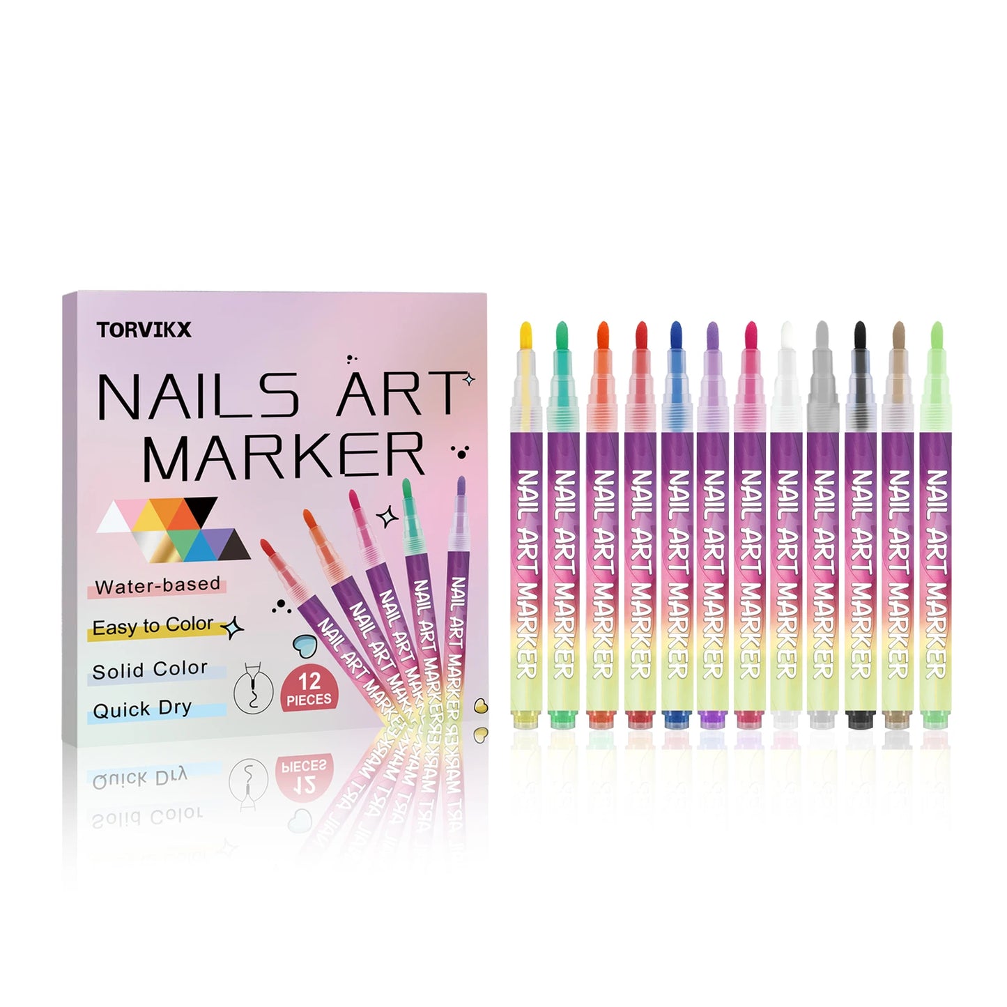 Nail Art Marker Pens Set Nourishing DIY Manicure Long‑lasting Smudge‑proof Quick-Dry 12 Colors Water‑based Nail Graffiti Pens Peaceful Pleasures Health and Wellness 12PCS Boxed