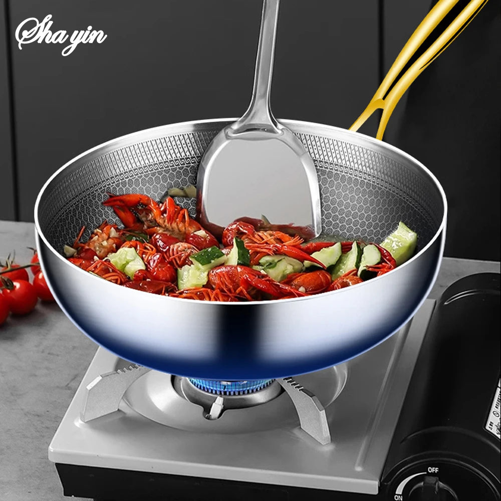 316 Stainless Steel Frying Pan Wok Non-stick Cooking Honeycomb Steak Gas Stove Pot Induction General Saucepan Kitchen Cookware Peaceful Pleasures Health and Wellness