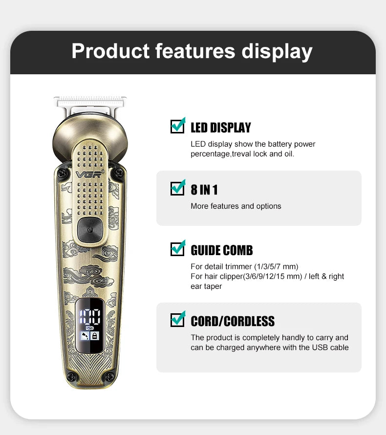 VGR 8-in-1 metal hair clipper multifunctional intelligent LED digital hair trimmer men's nose hair and armpit hair shaver V-103 Peaceful Pleasures Health and Wellness