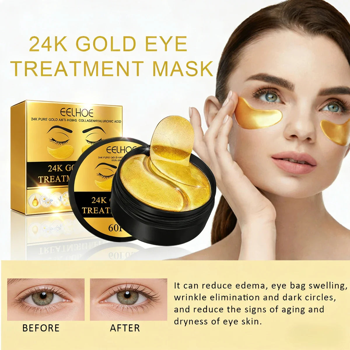 24K Gold Under Eye Patches – Firming, Hydrating 60-Pack