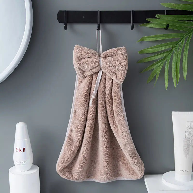 Bow Hanging Hand Towel – Absorbent Coral Fleece Kitchen & Bath