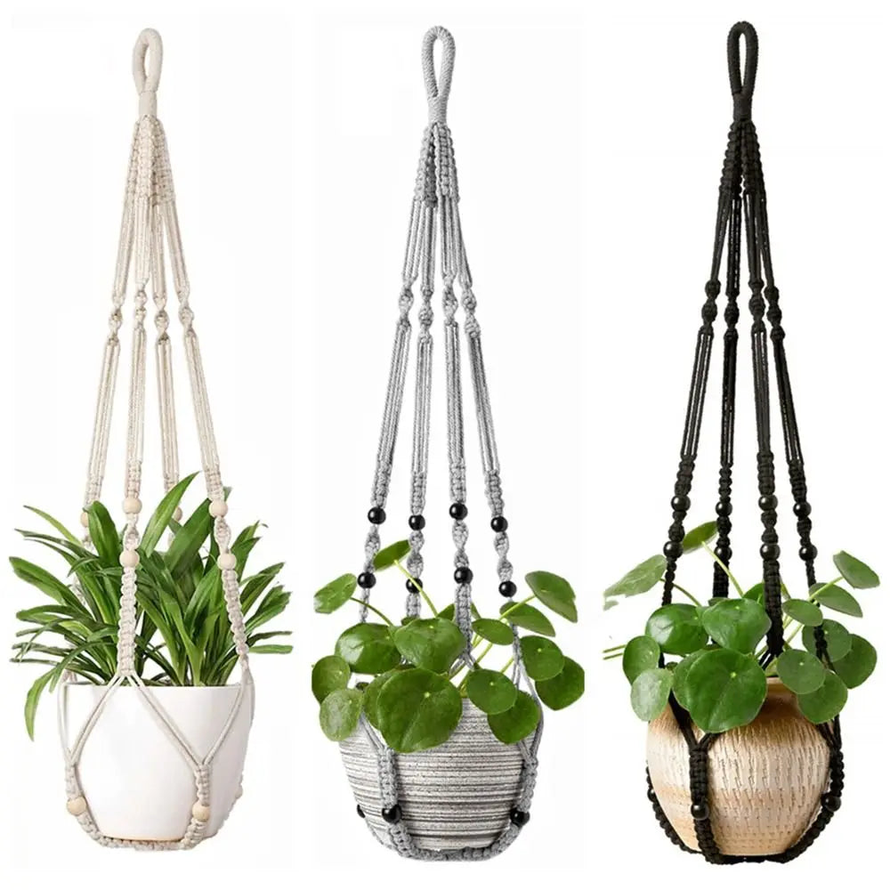 Boho Macrame Cotton Rope Plant Hanger – Handmade Tassel Basket