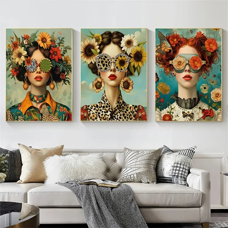 3pcs Art Deco Modern Glam Canvas Wall Art Set,Fashionable Woman with Glasses & Floral Prints,Butterfly Portrait Posters,Unframed Peaceful Pleasures Health and Wellness