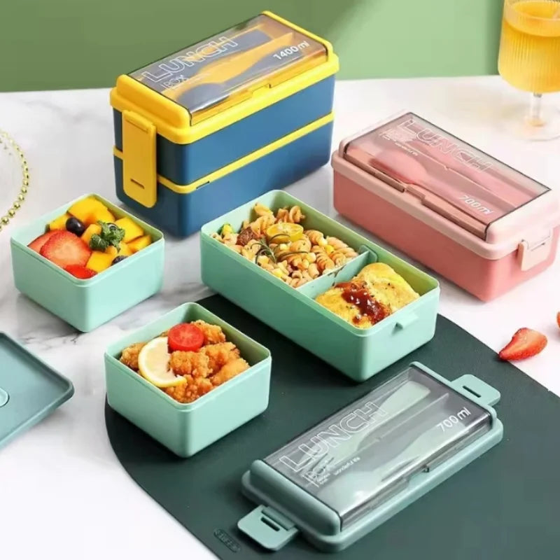 Double Layer Portable Lunch Box For Kids With Fork and Spoon Microwave Bento Boxes Dinnerware Set Food Storage Container Peaceful Pleasures Health and Wellness