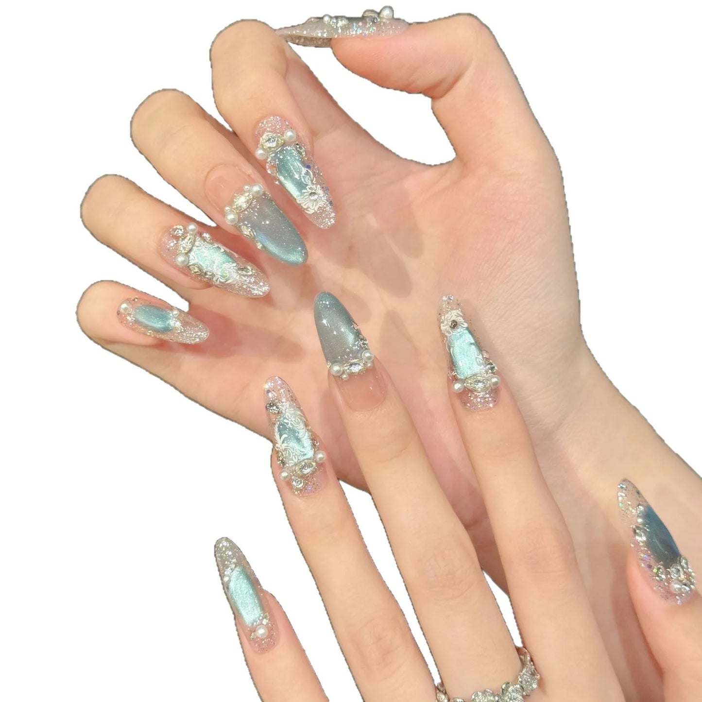 Ice Blue Cat Eye Press On Nails | Pearl Glitter False Nail Tips