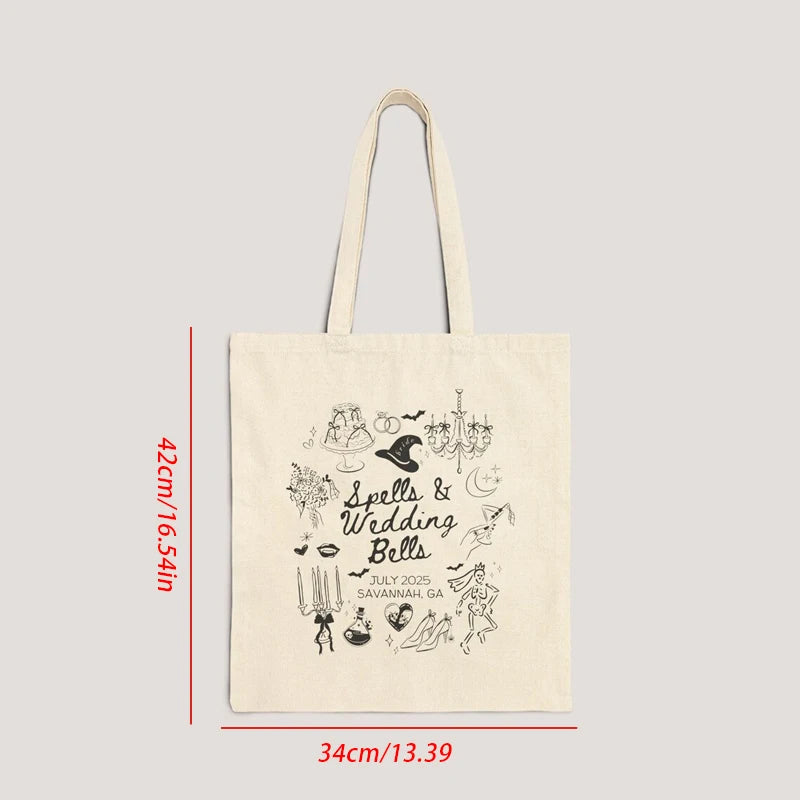 Personalized Witchy Gothic Wedding Bells Canvas Tote Bag | Bachelorette Personalized Tote Bag Peaceful Pleasures Health and Wellness