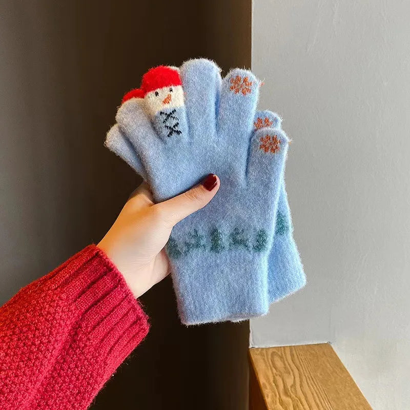 Winter Women Knit Gloves Cute Snowman Touch Screen Thick Warm Windproof Cold Proof Five Fingers Gloves Outdoor Full Finger Mitts Peaceful Pleasures Health and Wellness SKY BLUE