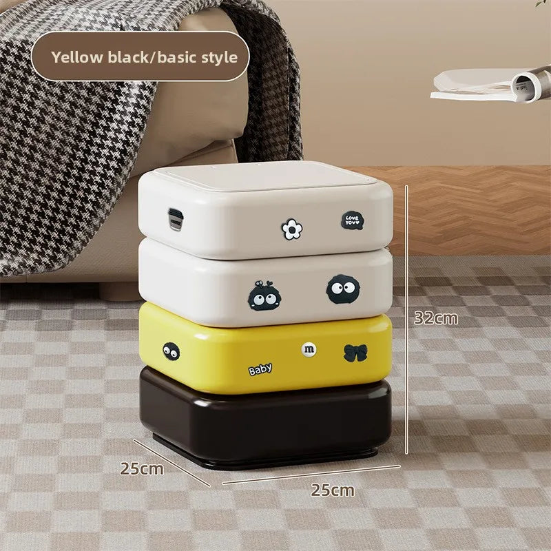 Cartoon Trash Bin with Lid Large Capacity Multi-Functional Mobile Wastebasket Modern Household Storage Organizer Wheels Peaceful Pleasures Health and Wellness Yellow with Stickers