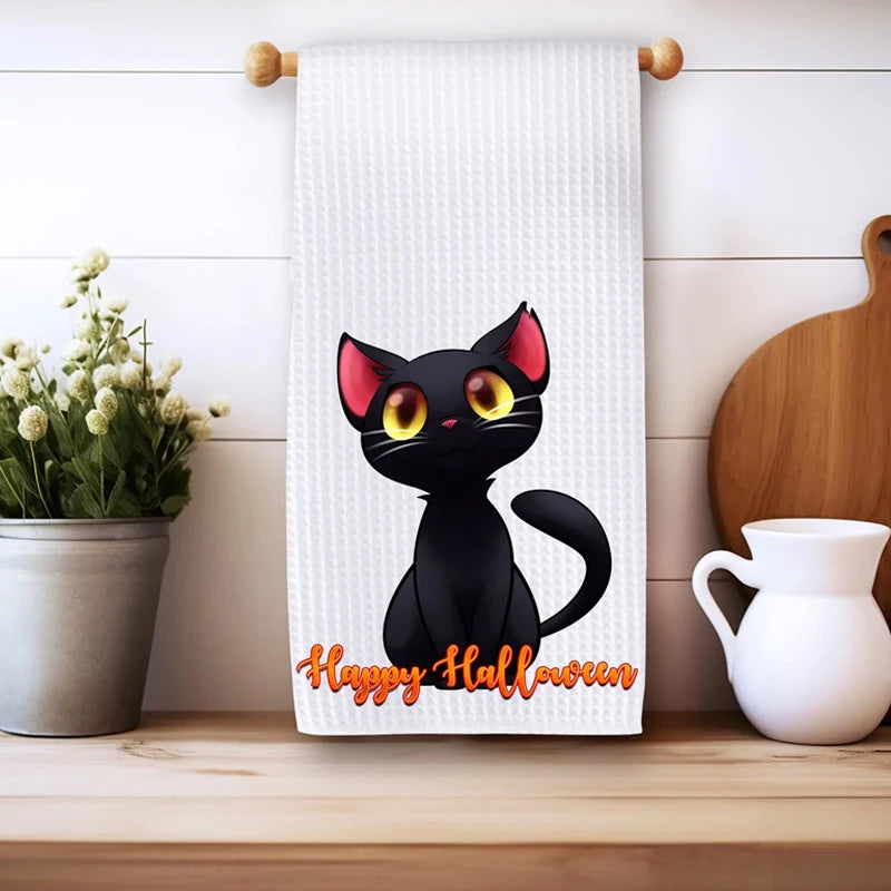 Halloween Waffle Tea Towel | Spooky Black Cat Kitchen Dishcloth