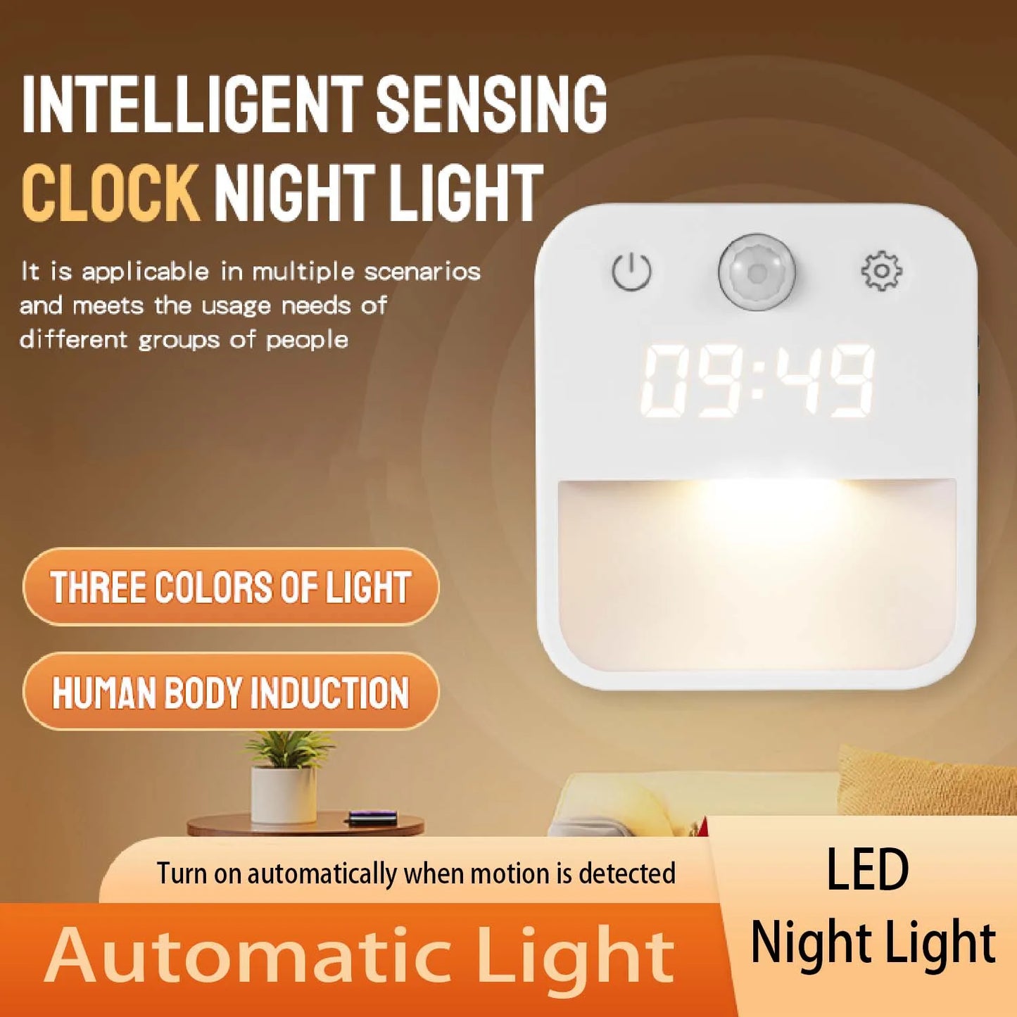 Plug-In Night Light Clock – Motion & Dusk to Dawn Sensor