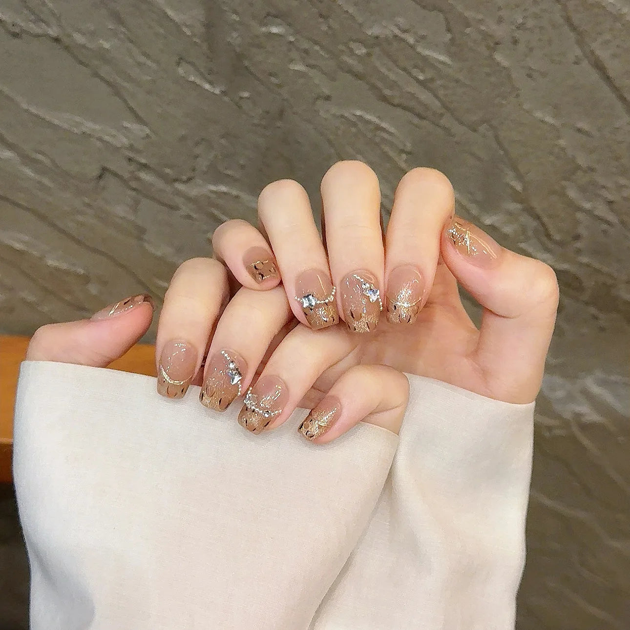 Handmade French Leopard Press-On Nails | Rhinestone Almond Tips